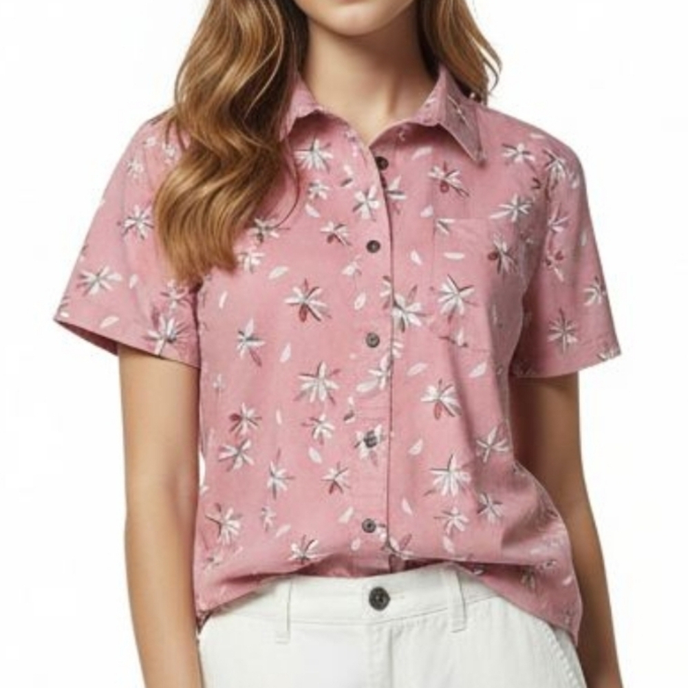 Noble Outfitters Pink and White Floral Notched Collar Button Down Shirt Sz L